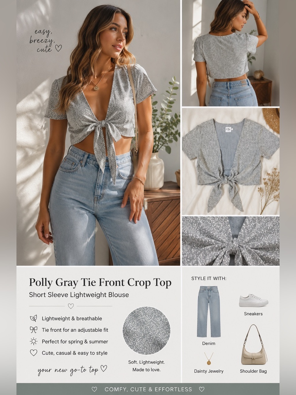 Polly Gray Tie Front Crop Top | Short Sleeve Lightweight Blouse